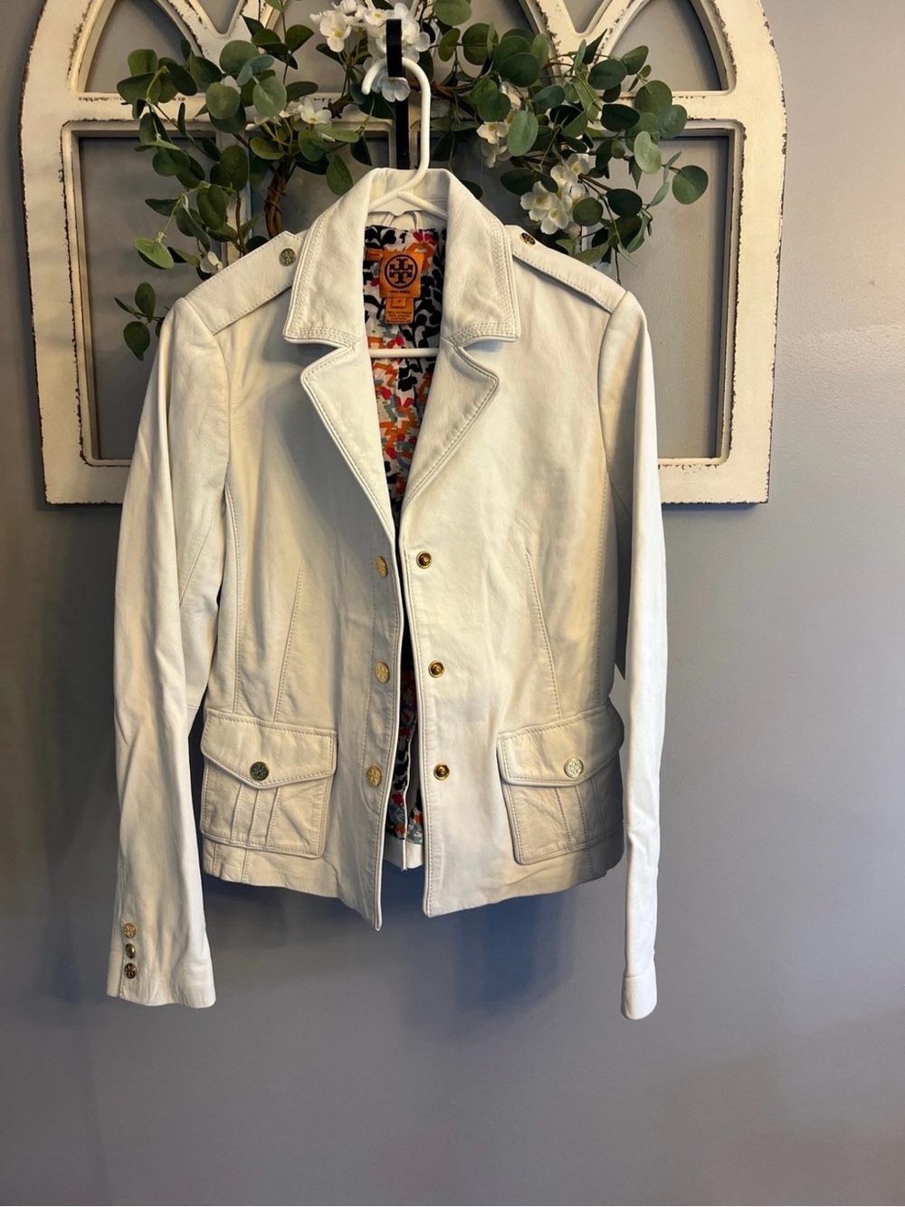 Tory Burch White Leather Jacket with Gold-Tone Hardware